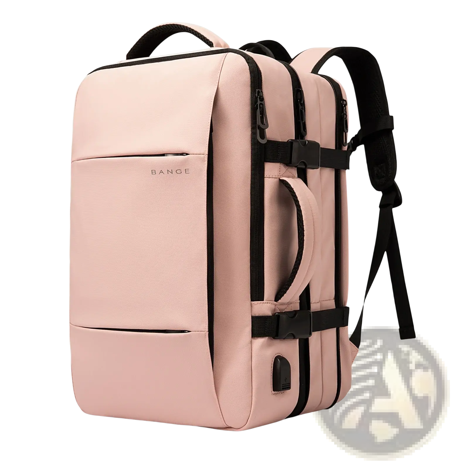 A sleek blush pink bange 16 inch waterproof laptop travel backpack with black zippers and adjustable straps