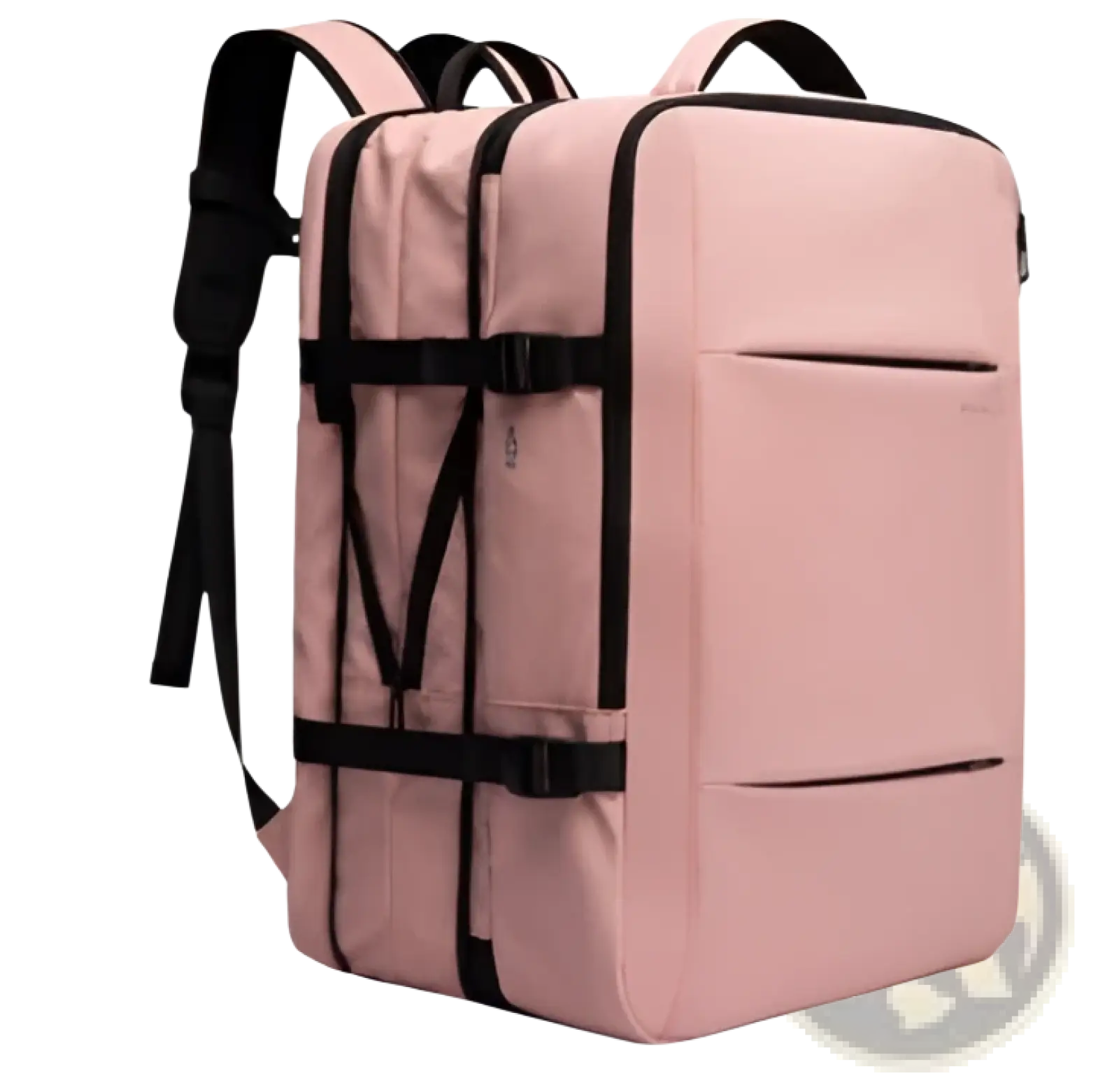 Pink canvas bange 16 inch waterproof laptop travel backpack with black straps and zippers shown from the back side