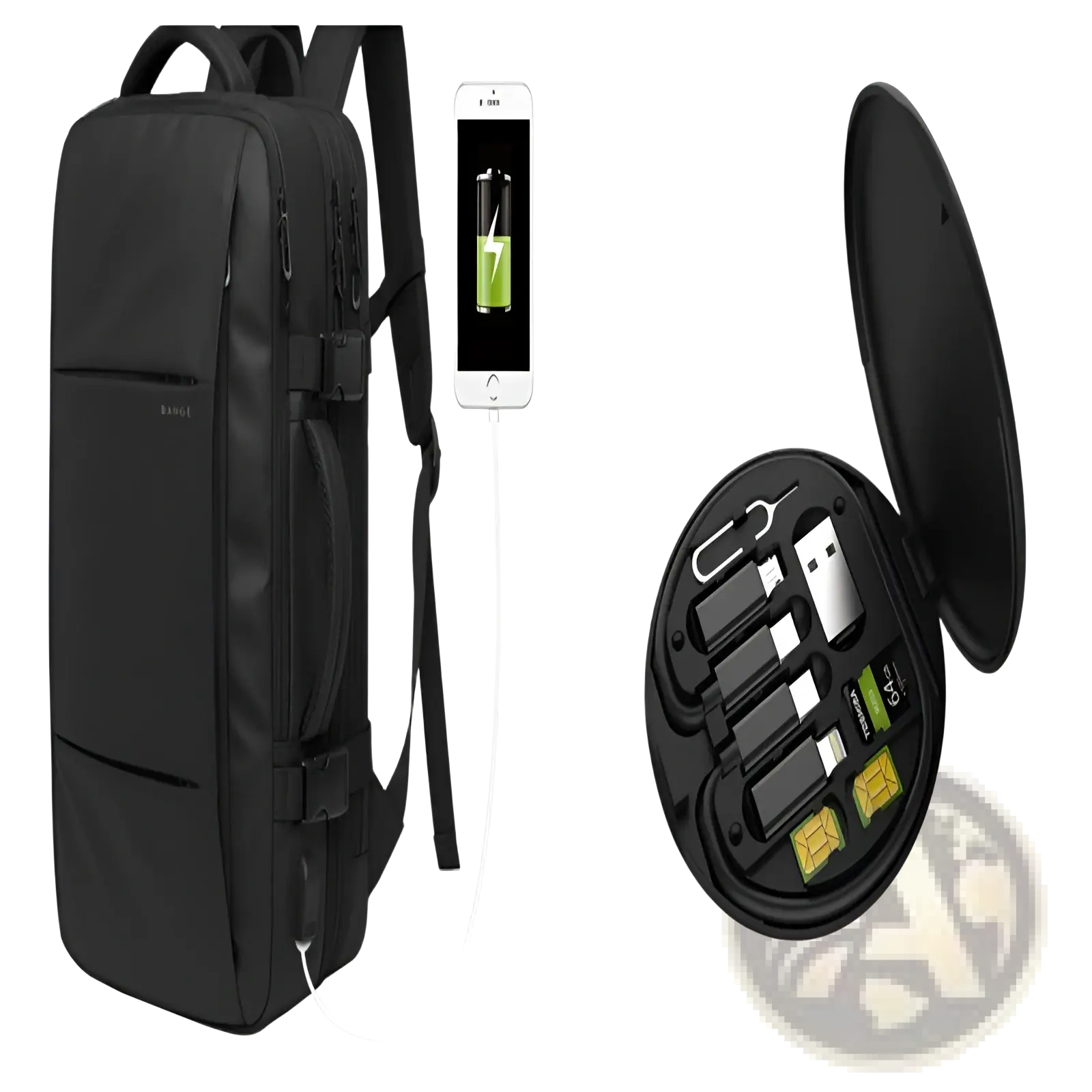 Black Bange 16 inch waterproof laptop travel backpack with integrated charging port and circular accessory compartment
