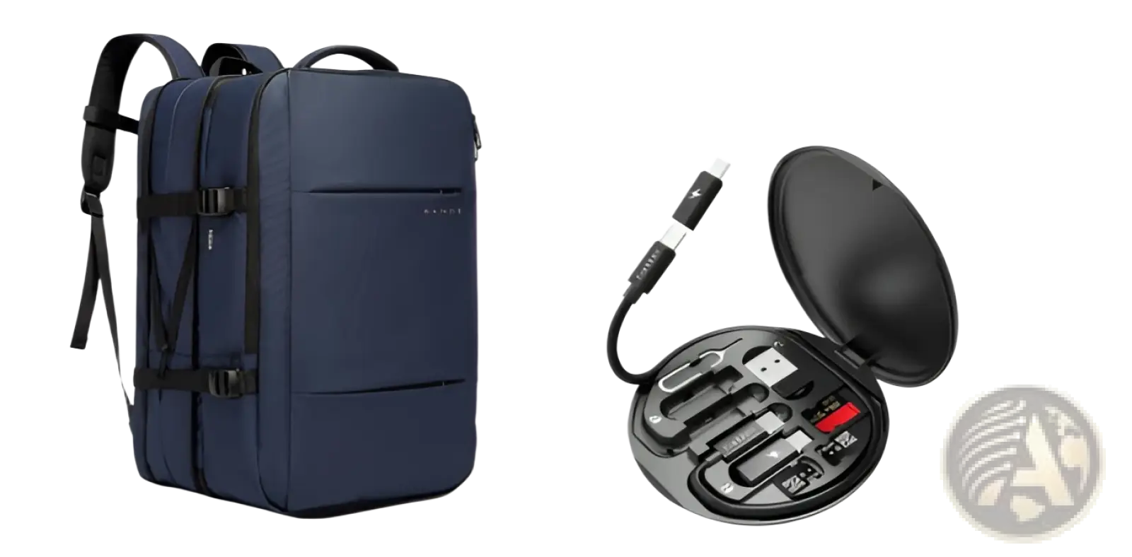 Navy blue Bange 16 inch waterproof fabric laptop travel backpack with black straps and zippers displayed from the back side