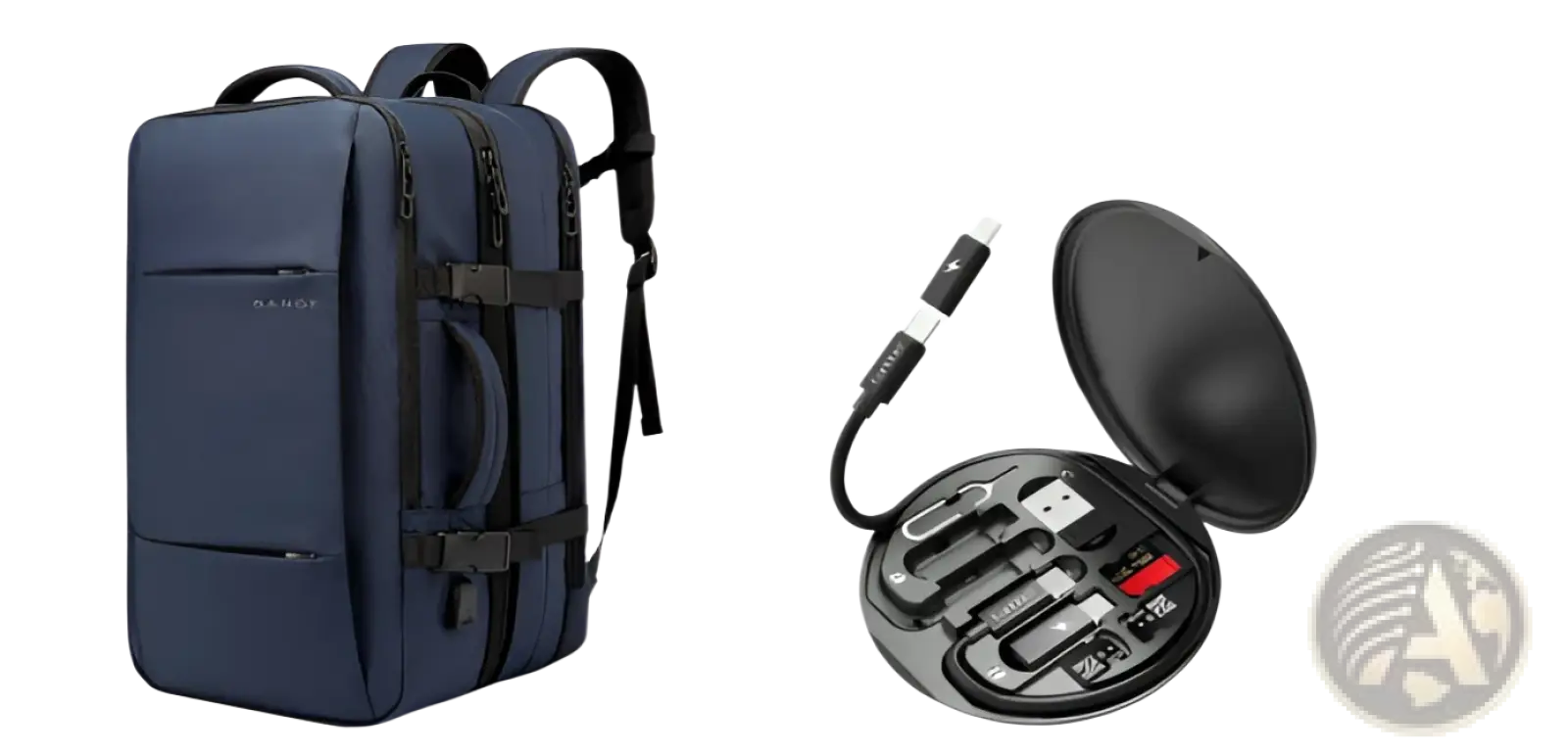 Navy blue Bange 16 inch waterproof laptop travel backpack with black straps and zippers shown from the back side