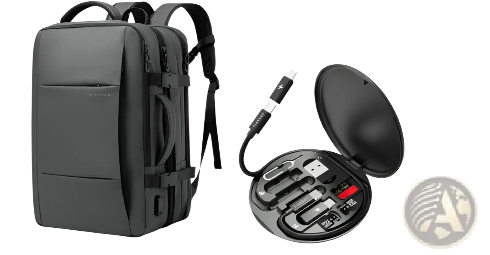 Black textured bange 16 inch waterproof laptop travel backpack showing back side with dual shoulder straps and handle grip