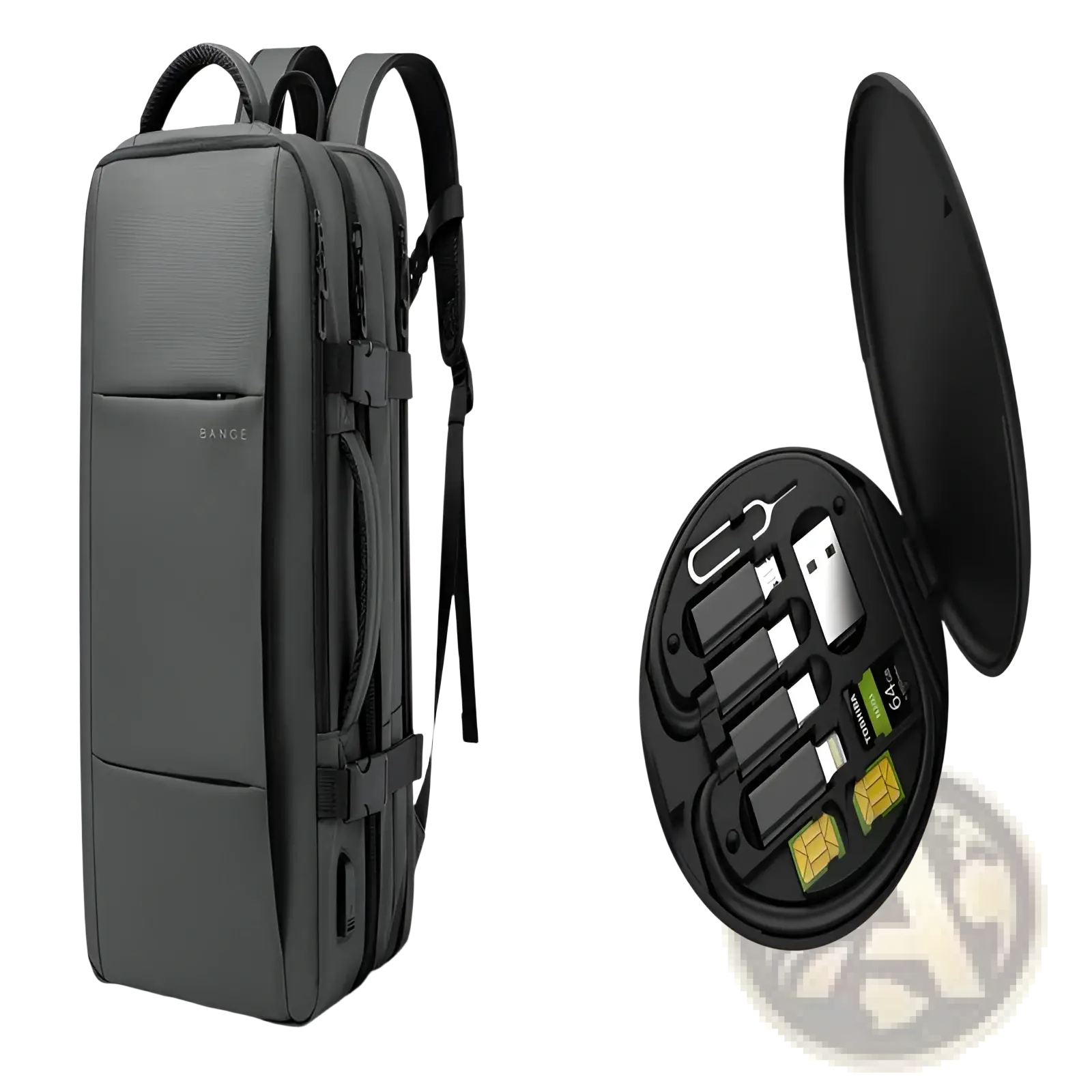 Black bange 16 inch waterproof laptop travel backpack with sleek textured fabric and matching straps beside a black tech accessory case with usb drives and sim cards