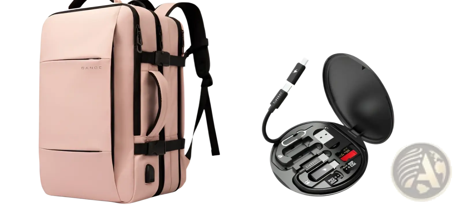 Pink fabric bange 16 inch waterproof laptop travel backpack with black straps and minimalist design on front