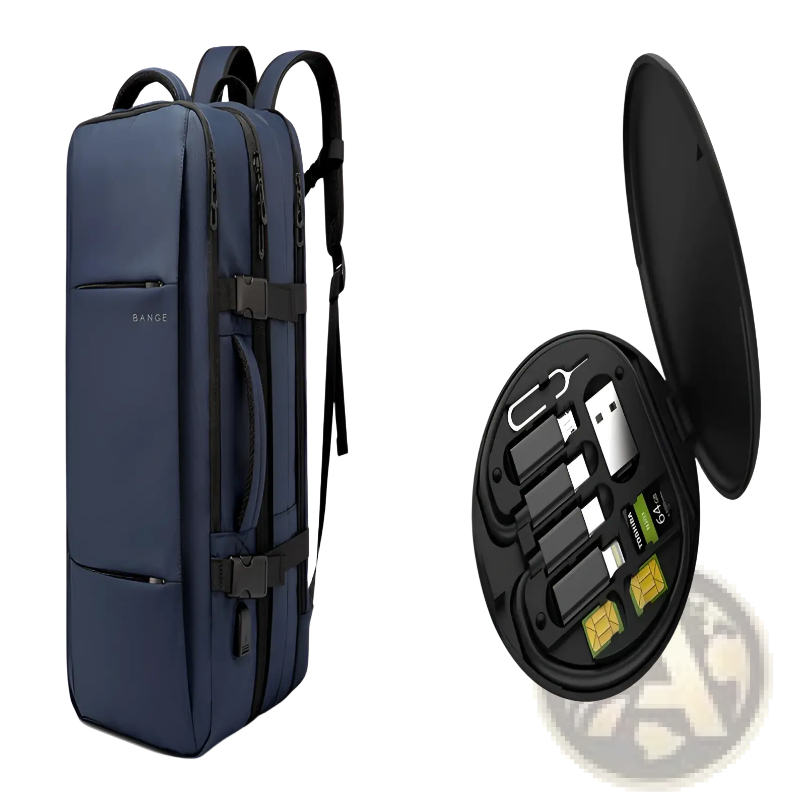 Navy blue Bange 16 inch waterproof laptop travel backpack with black zippers and detachable organizer compartment