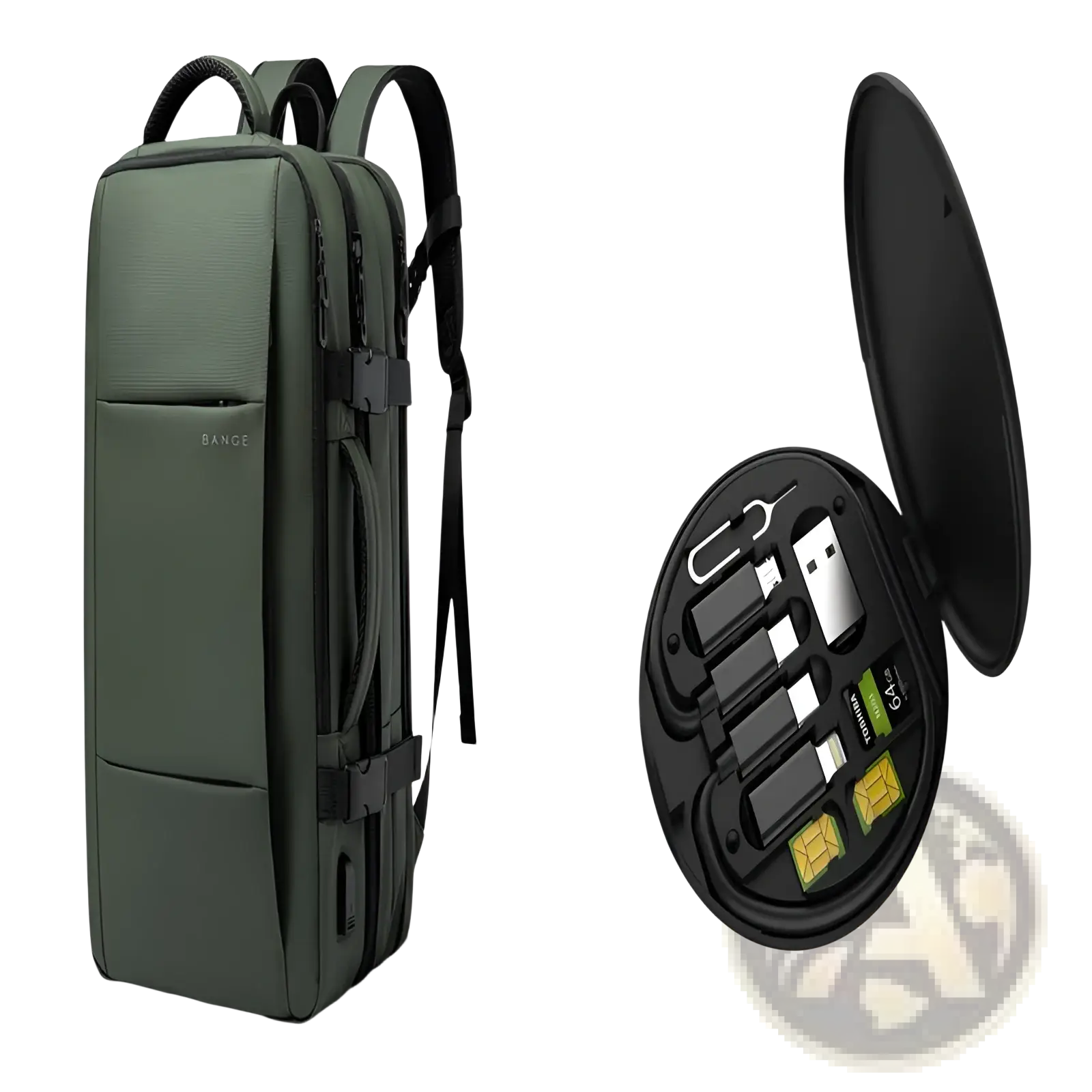 Olive green bange 16 inch waterproof laptop travel backpack with black straps and circular black tech accessory case containing usb cables chargers and sim cards