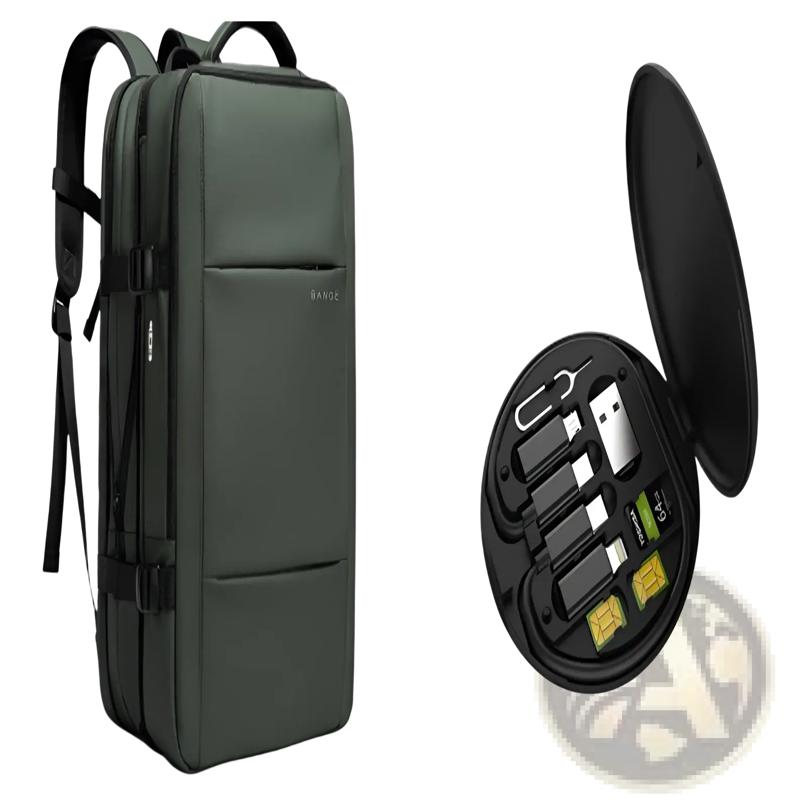 Dark green bange 16 inch waterproof laptop travel backpack with black straps and a circular black tech accessory case