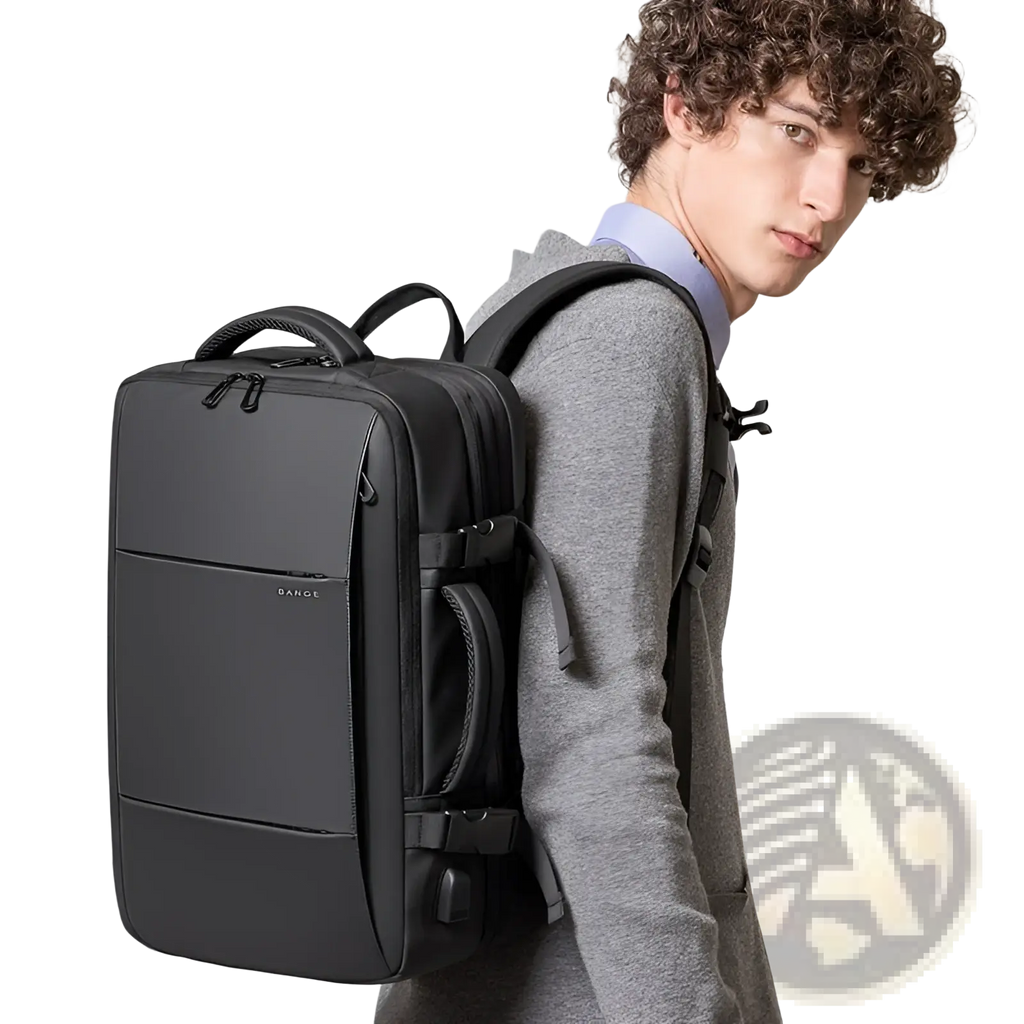 Black Bange 16 inch waterproof laptop travel backpack with structured design and multiple zippers