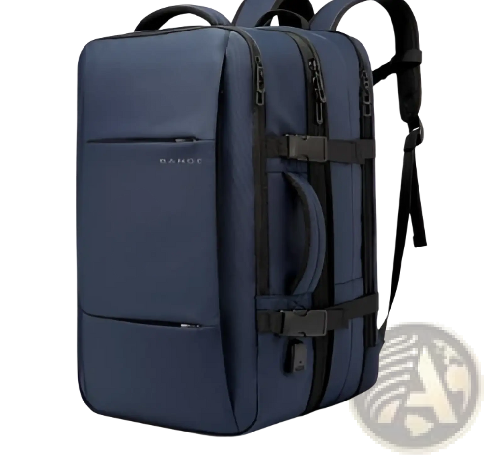 Navy blue bange 16 inch waterproof fabric laptop travel backpack with black zippers and straps displayed from the back