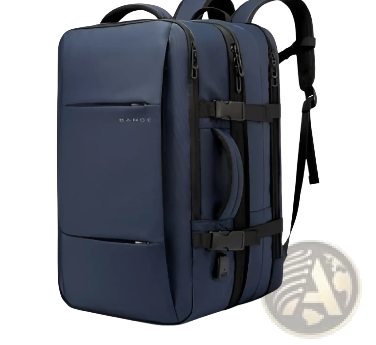 Navy blue bange 16 inch waterproof fabric laptop travel backpack with black zippers and straps displayed from the back
