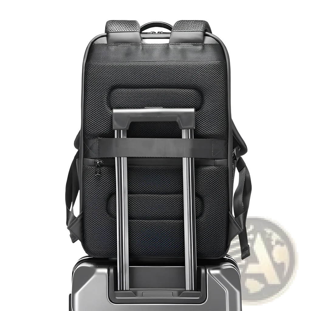 Black mesh bange laptop backpack made of oxford fabric with adjustable straps and built-in luggage handle attachment