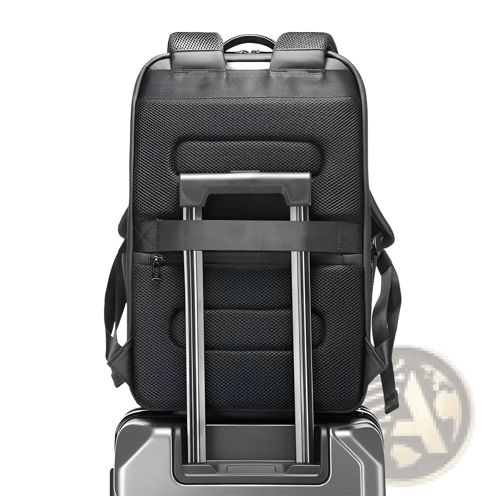 Black mesh bange laptop backpack made of oxford fabric with adjustable straps and built-in luggage handle attachment