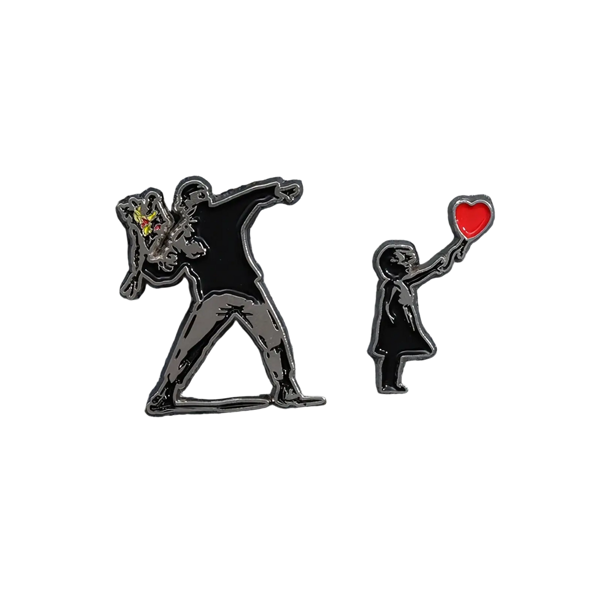 Black and silver enamel pin featuring a banksy-style figure with flowers next to a child holding a red heart balloon