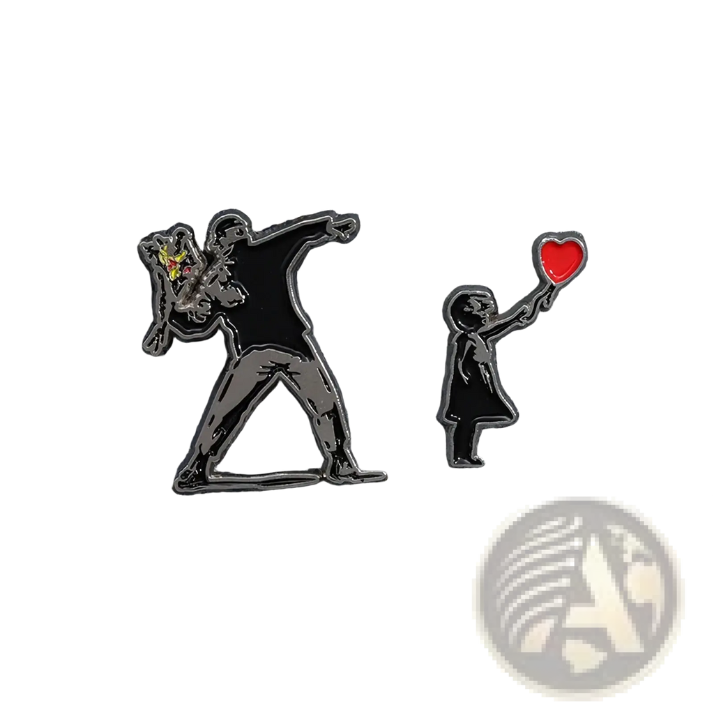 Black and silver enamel pin featuring a banksy-style figure with flowers next to a child holding a red heart balloon