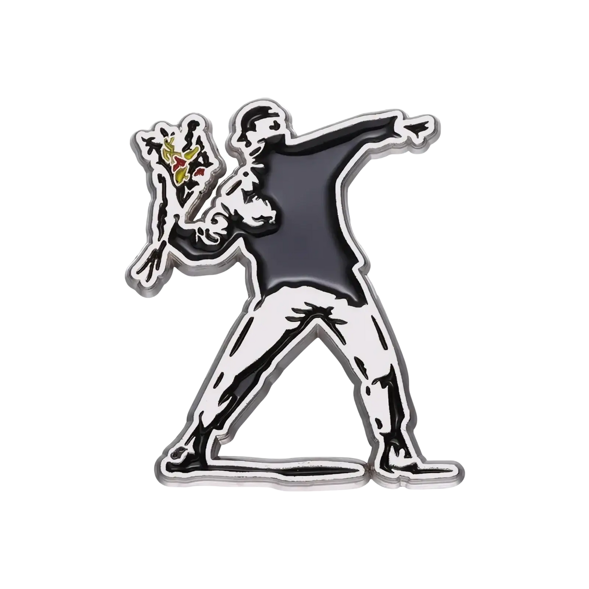 Black and white enamel pin featuring a stylized figure dabbing and holding colorful flowers from Banksy street art collection