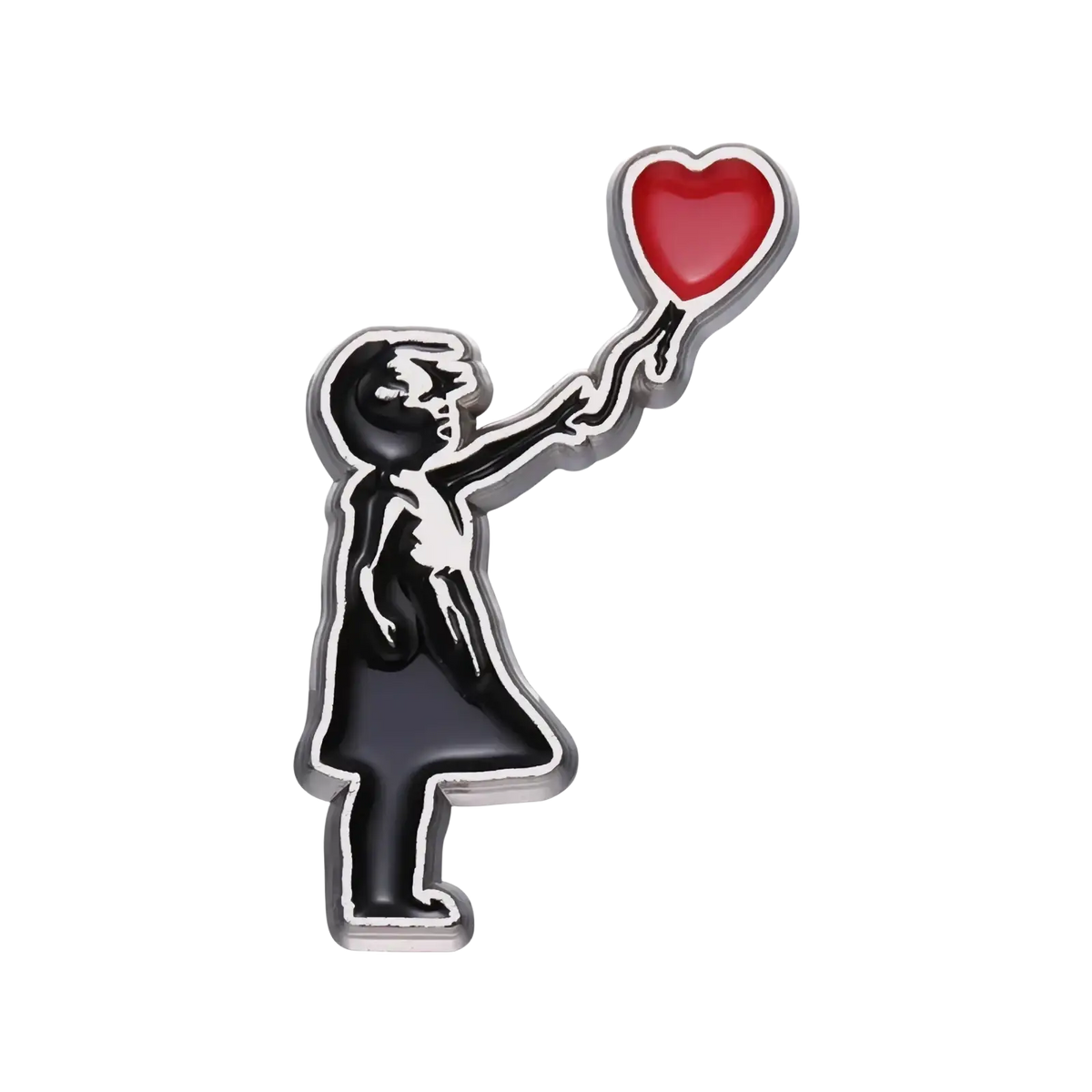 Silver enamel pin with a stylized black child holding a red heart balloon inspired by Banksy street art