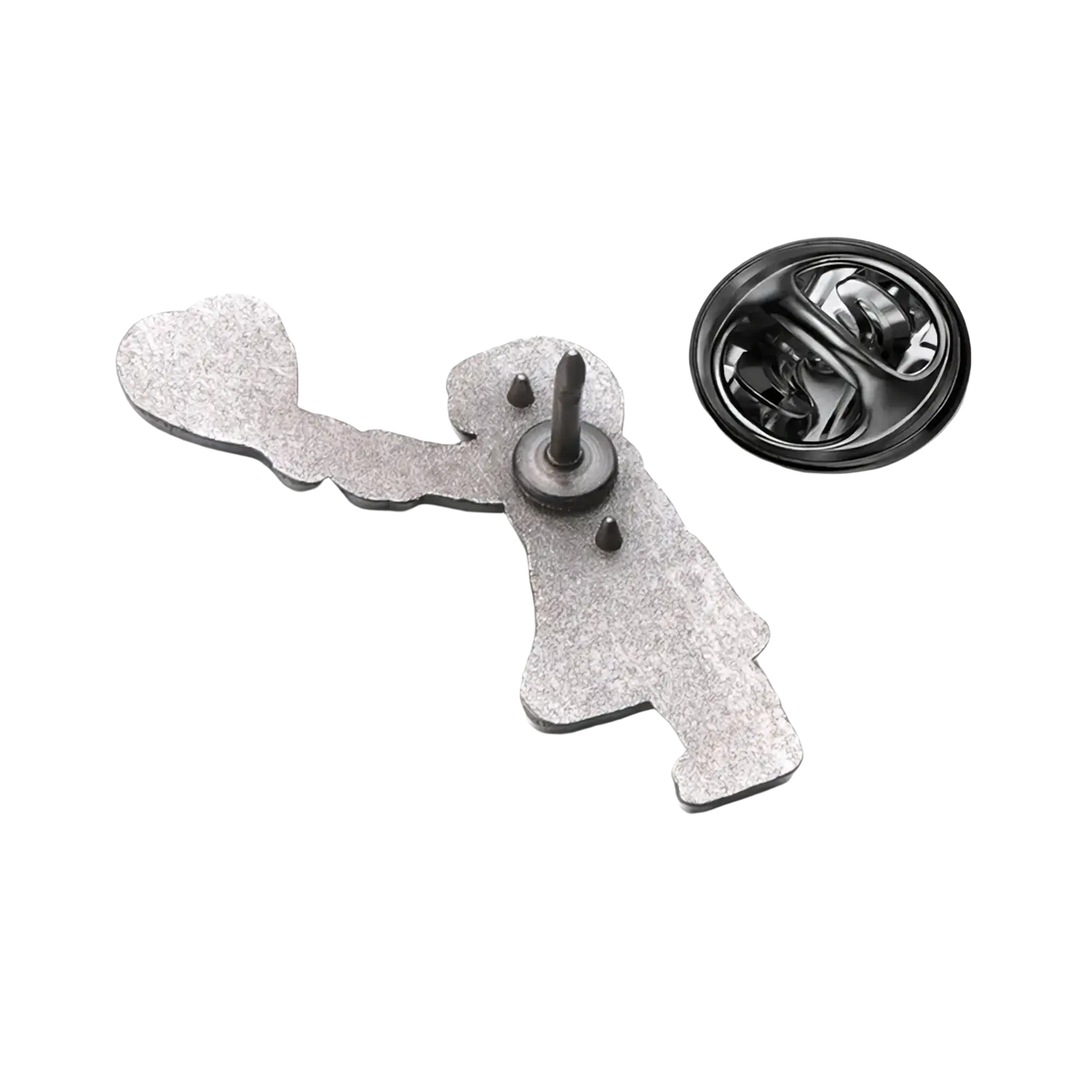 Silver-toned metal Banksy enamel pin shaped like a stylized figure holding a heart street art brooch badge