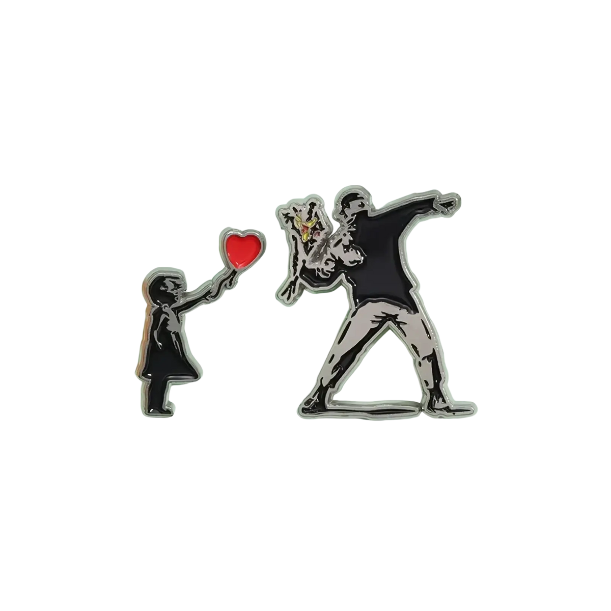 Two banksy enamel pin street art brooch badges featuring child with balloon and man dabbing with dog in black white silver