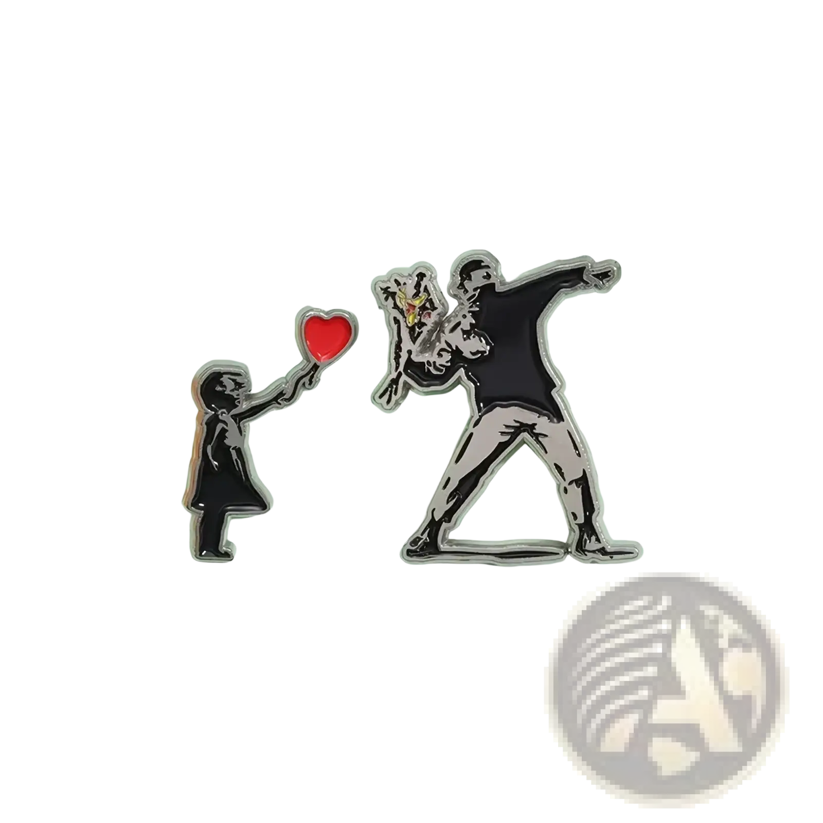 Two banksy enamel pin street art brooch badges featuring child with balloon and man dabbing with dog in black white silver