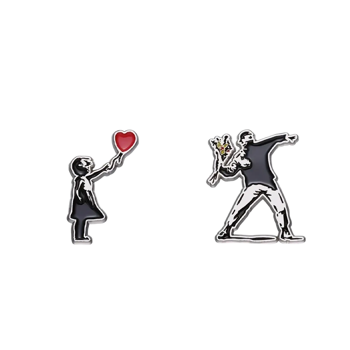 Two metallic enamel pins featuring iconic Banksy street art with a girl holding a red heart balloon and floral dancer