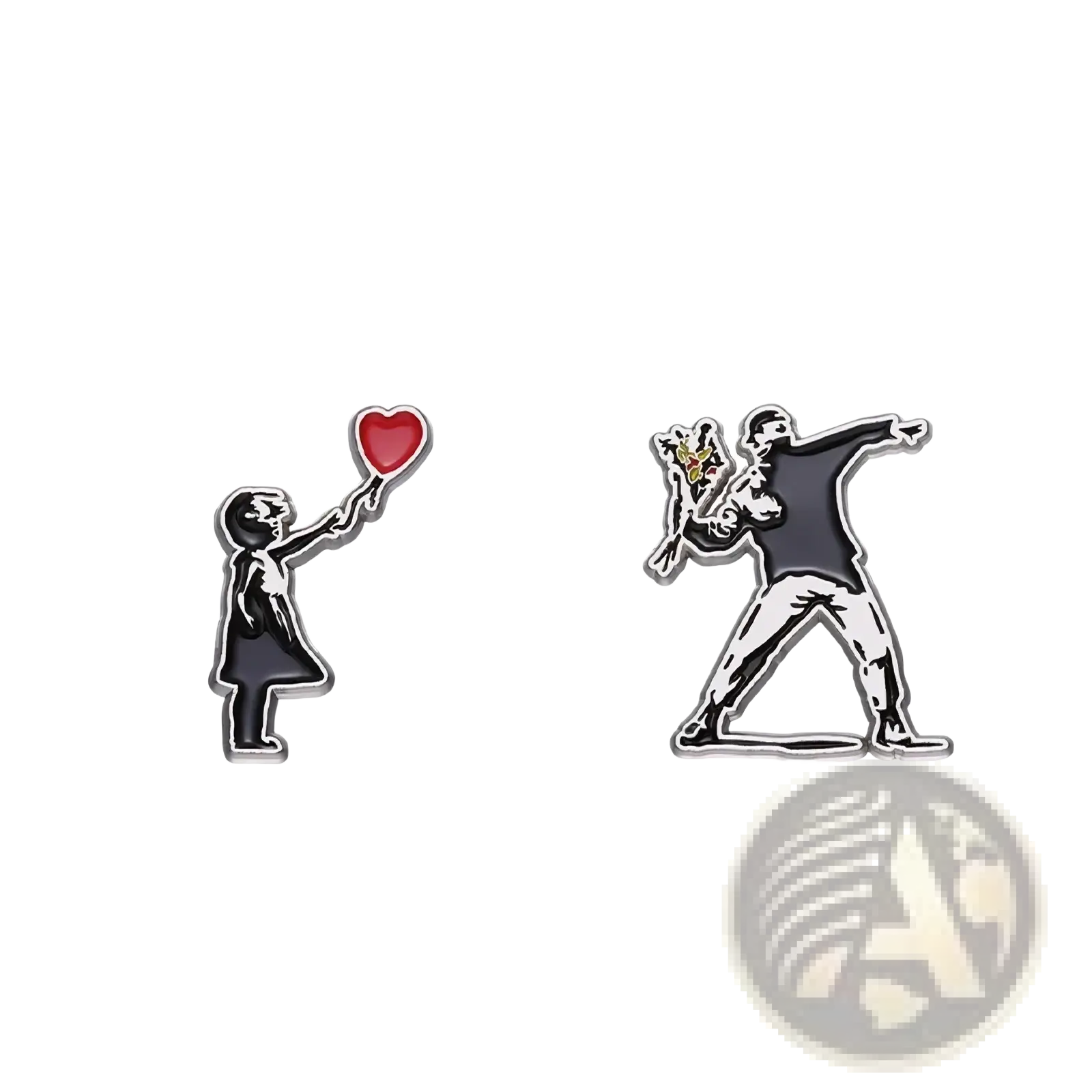 Two metallic enamel pins featuring iconic Banksy street art with a girl holding a red heart balloon and floral dancer