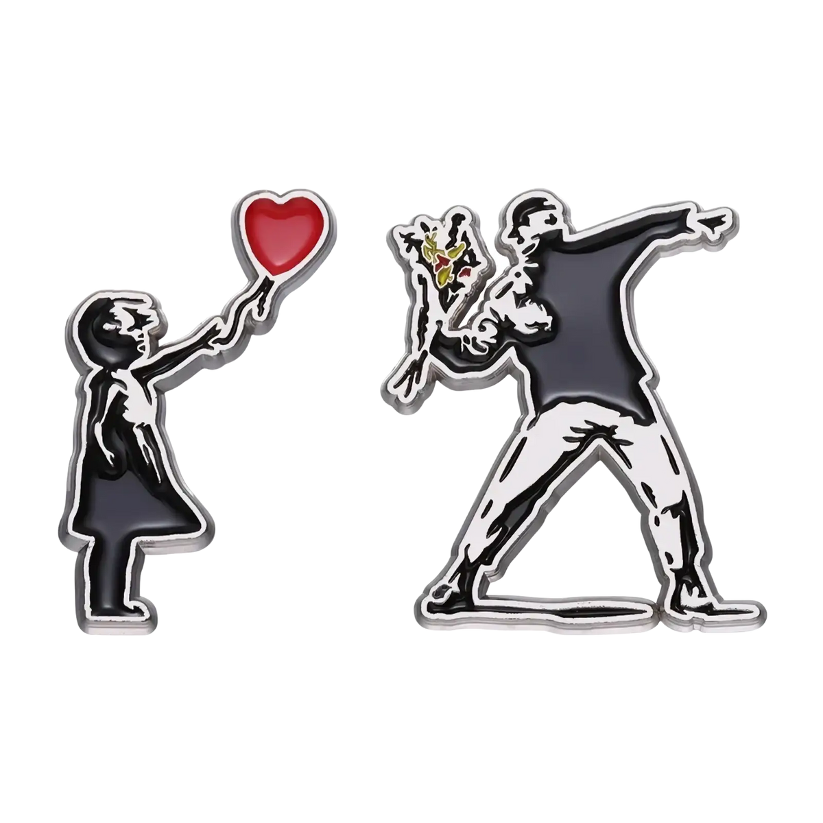 Two Banksy enamel pins featuring black and gray street art designs with a red heart balloon and dab pose flowers
