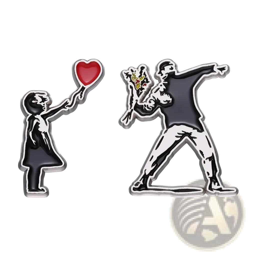 Two Banksy enamel pins featuring black and gray street art designs with a red heart balloon and dab pose flowers