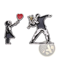 Two Banksy enamel pins featuring black and gray street art designs with a red heart balloon and dab pose flowers