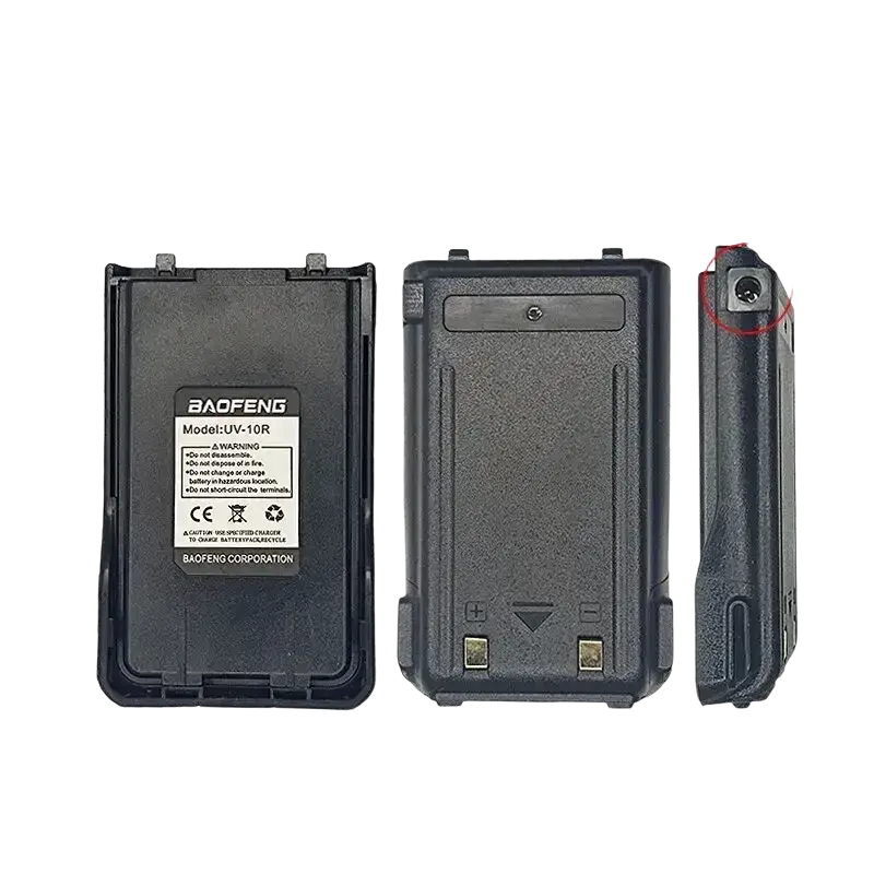 Black baofeng uv-10r battery pack with textured plastic casing and metallic terminals for uv-10r walkie talkie use