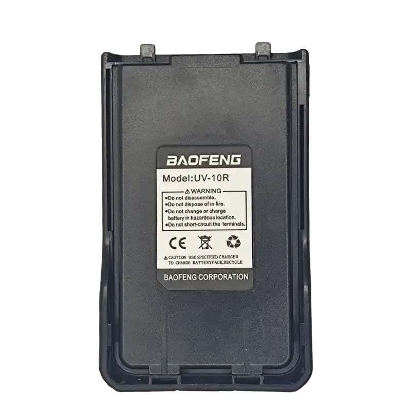 Black plastic baofeng uv-10r battery pack with molded edges and safety label for uv-10r walkie talkie use