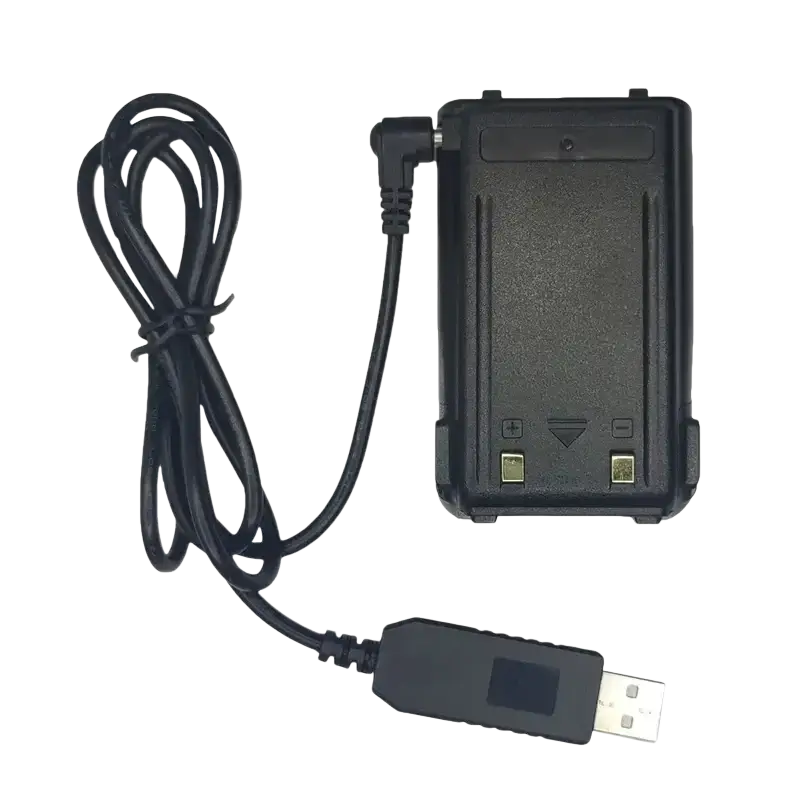 Black plastic usb charger with coiled cable and rectangular dock for baofeng uv-10r walkie talkie battery