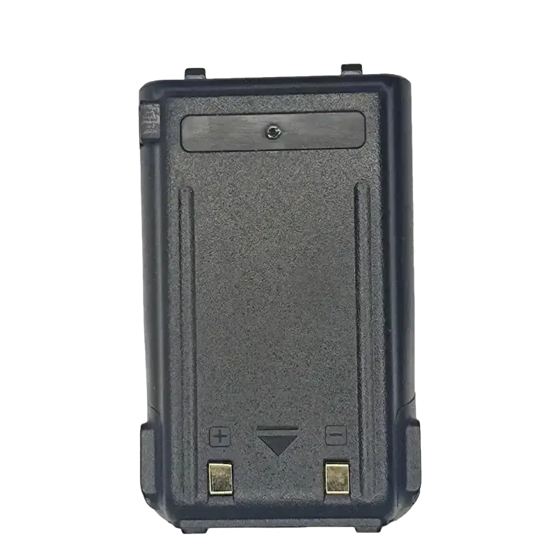 Black textured plastic baofeng uv-10r battery pack with gold terminals and central screw for walkie talkie use
