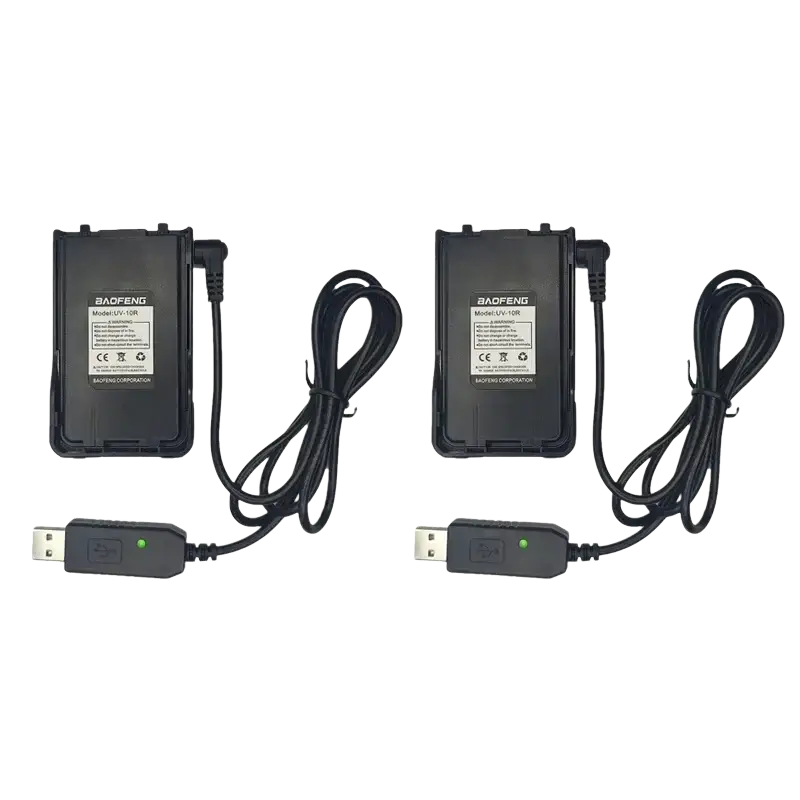 Black baofeng uv-10r battery packs with coiled usb cables and green indicator lights for walkie talkie use