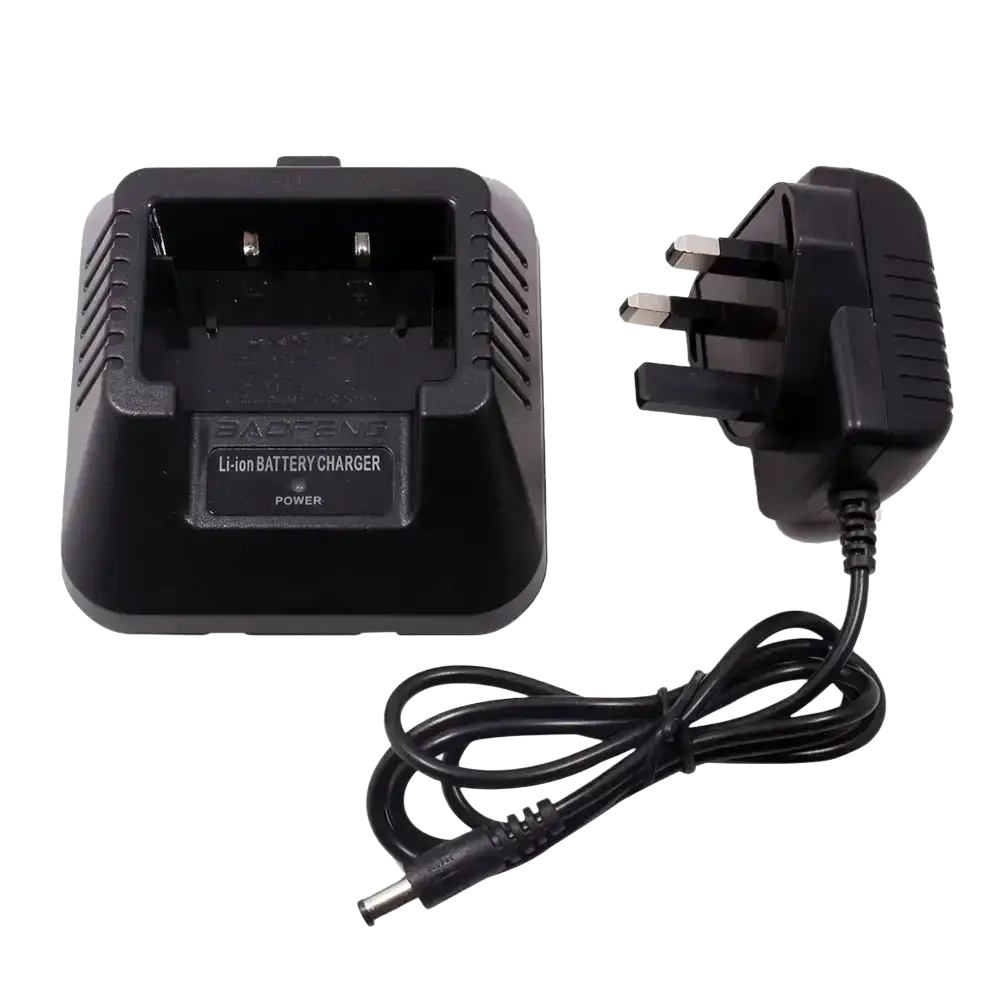 Black plastic baofeng uv-5r li-ion battery charger with uk plug and coiled power cord for uv-5r radios