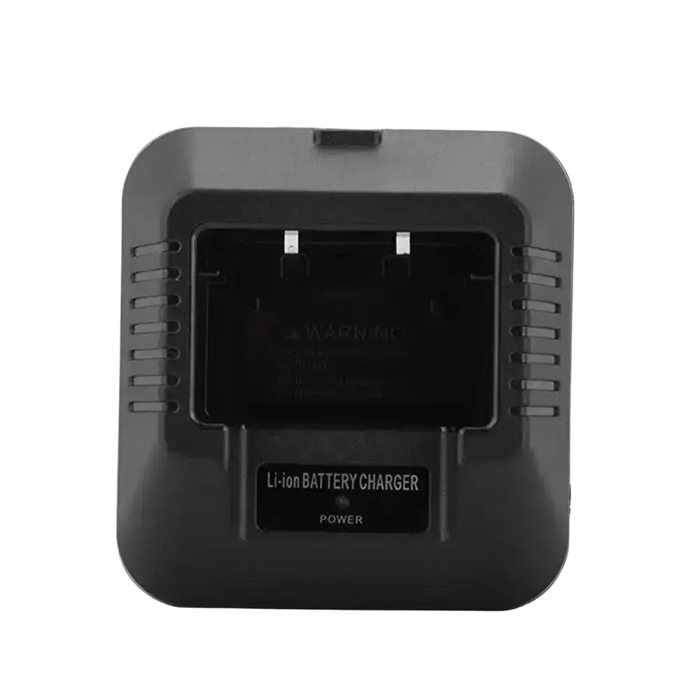 Black plastic baofeng uv-5r battery charger with rectangular battery slot and side ventilation slits for li-ion batteries