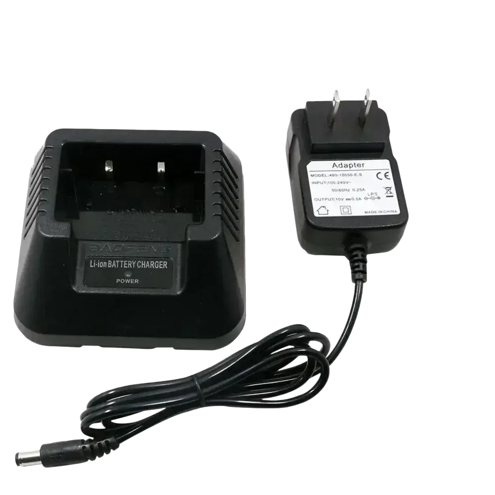 Black plastic baofeng uv-5r battery charger with matching power adapter and coiled cable for uv-5r radios