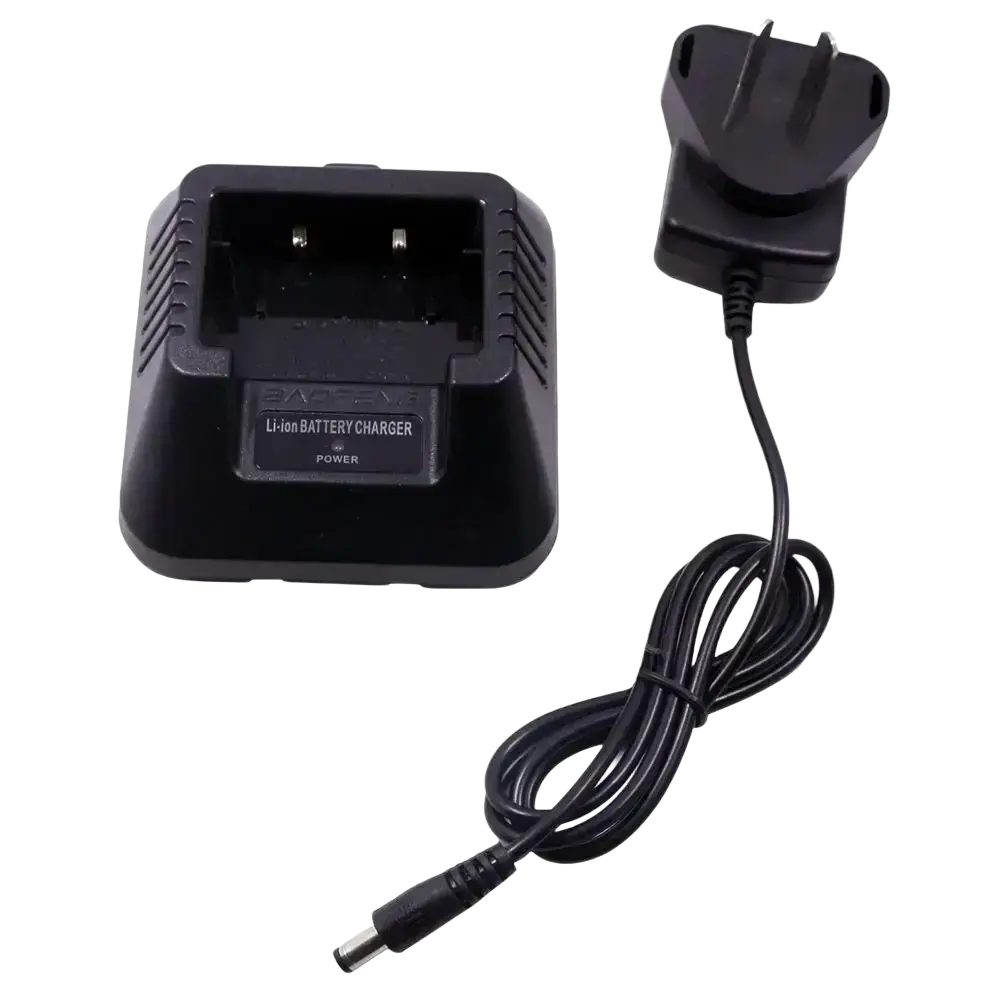 Black plastic baofeng uv-5r battery charger with coiled power cord and uk-style plug for uv-5r radios