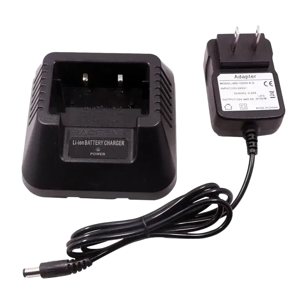 Black plastic baofeng uv-5r li-ion battery charger with matching power adapter and coiled cable for uv-5r radios