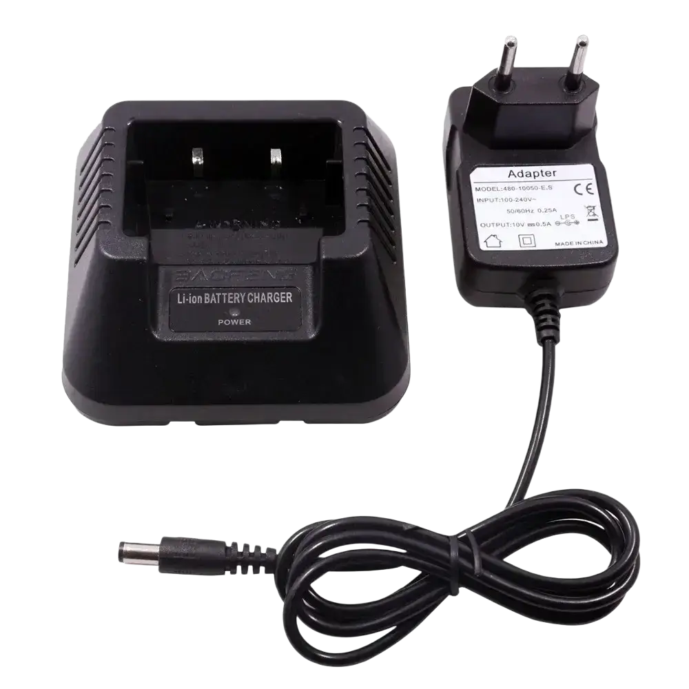 Black plastic baofeng uv-5r battery charger with matching power adapter and coiled cable for uv-5r radios
