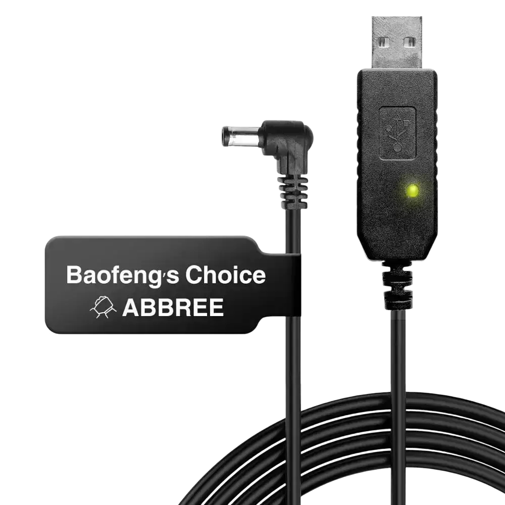 Black abbree usb to dc power adapter cable with green indicator light and angled connector for baofeng uv-5r battery charger