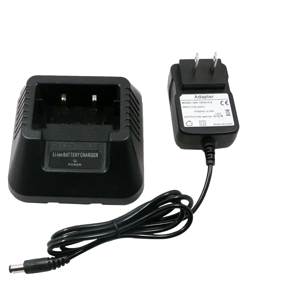 Black baofeng uv-5r li-ion battery charger with adapter and coiled cable for uv5r radios with international adapters