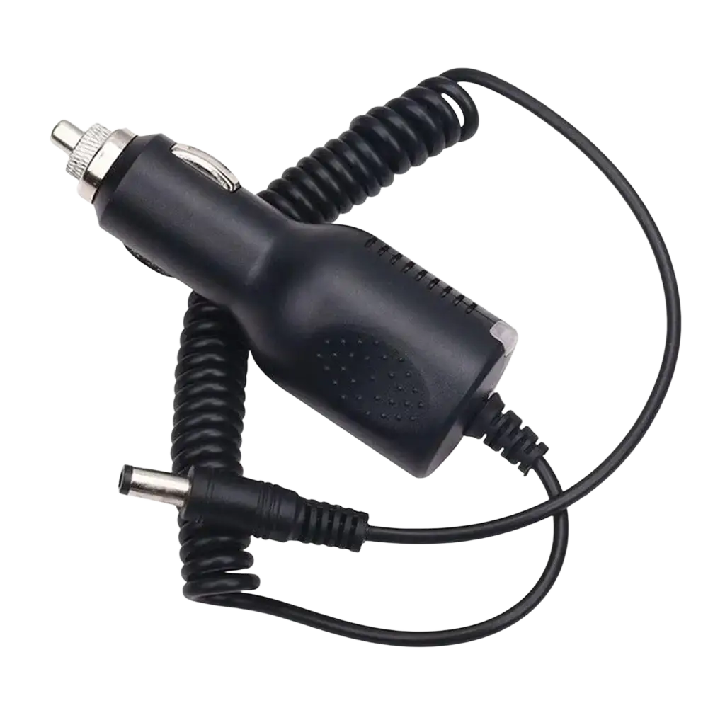 Black baofeng uv-5r battery charger with coiled cable and silver metal plug for uv5r radios with international adapters