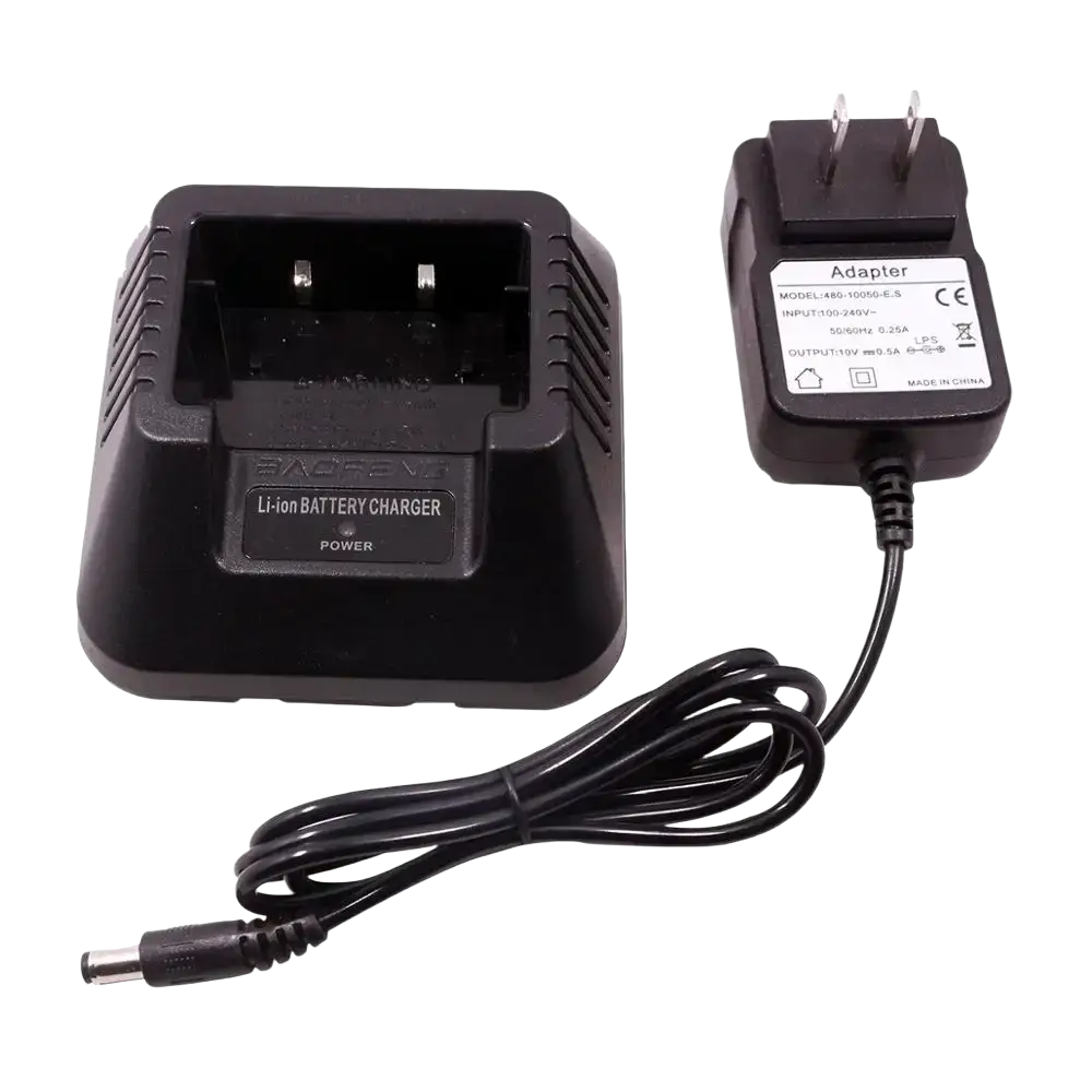 Black baofeng uv-5r li-ion battery charger with matching power adapter and coiled cable for uv5r radios