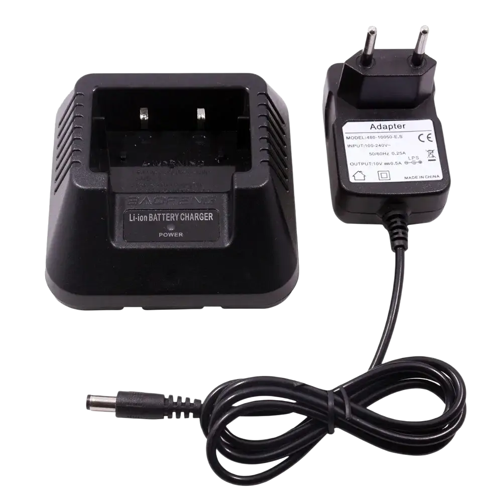 Black baofeng uv-5r li-ion battery charger with matching adapter and coiled cable for uv5r radios with international adapters