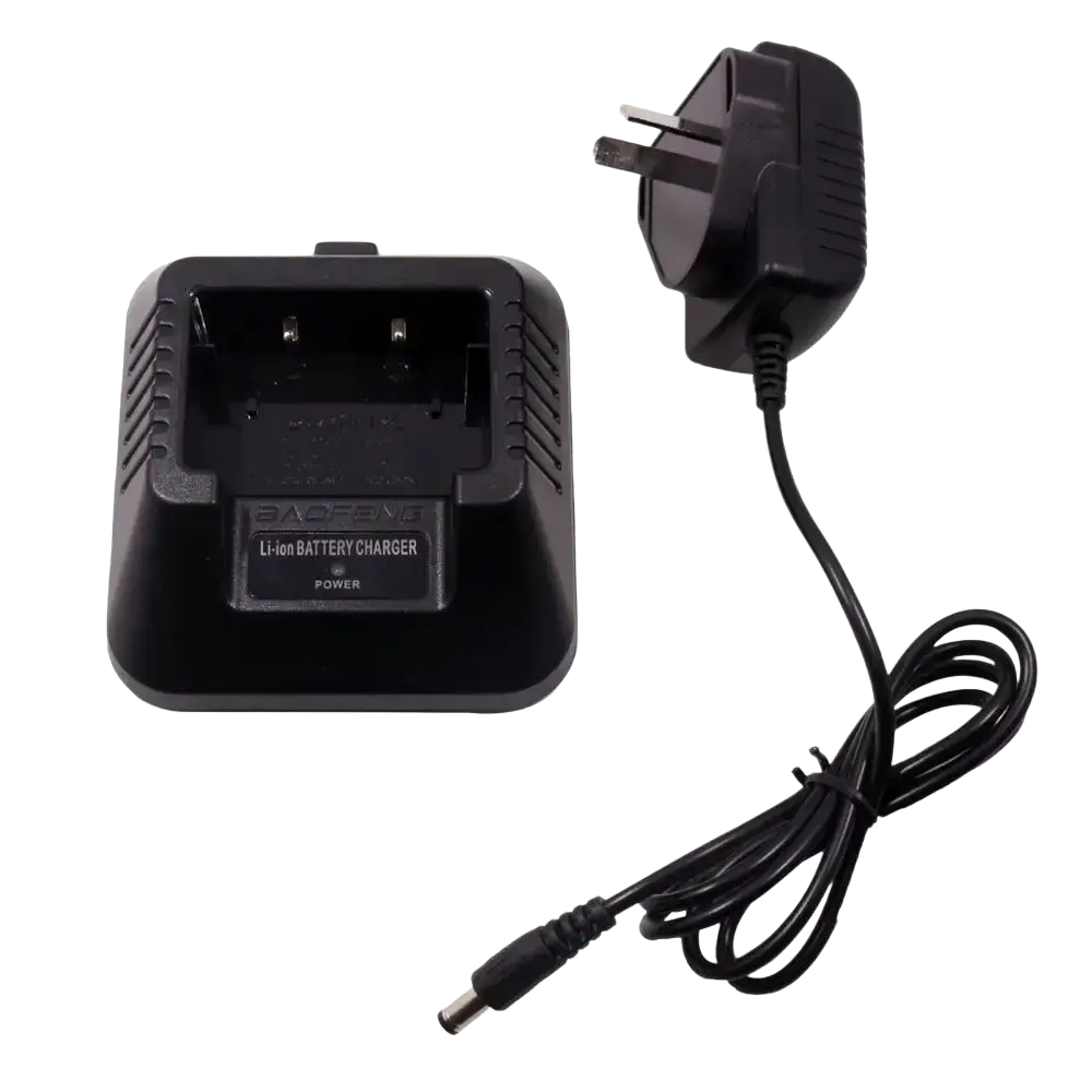 Black baofeng uv-5r li-ion battery charger with matching power adapter and coiled cable for uv5r radios
