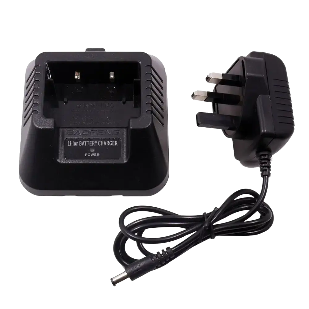 Black baofeng uv-5r li-ion battery charger with matching power adapter and coiled cable for uv5r radios