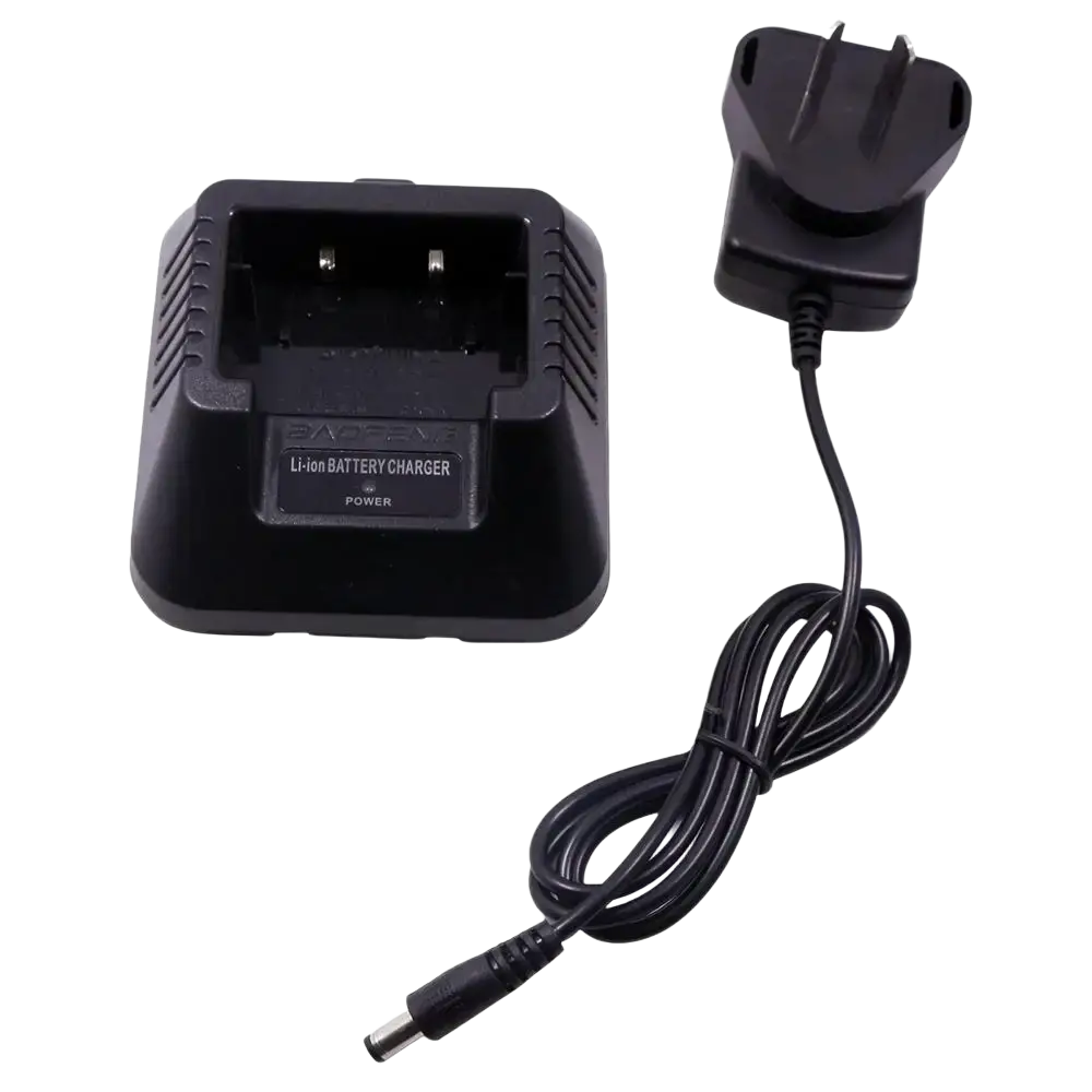 Black baofeng uv-5r li-ion battery charger with coiled power cord and uk-style plug for uv5r radios