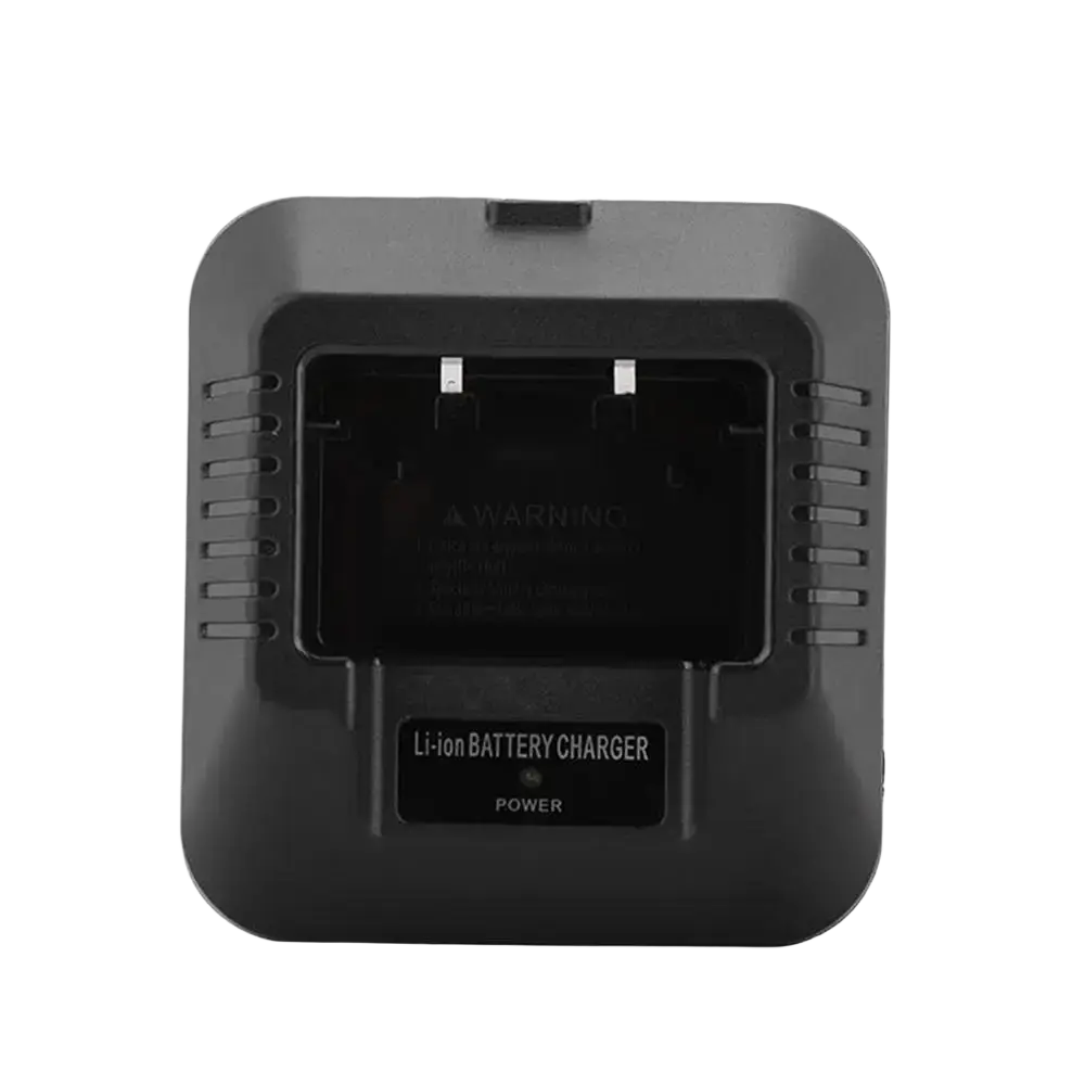 Black plastic baofeng uv-5r battery charger with rectangular slot and ventilation slits for uv5r li-ion batteries