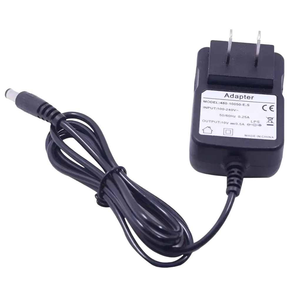 Black plastic baofeng uv-5r power adapter with coiled cable and two-prong plug for uv5r battery charger use