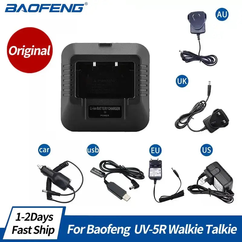 Black plastic baofeng uv-5r battery charger with multiple international power adapters for uv5r walkie talkies